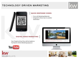 TEC H N OLOGY D R IVEN MAR KETIN G
• Put on All Marketing Materials
• Designed to Direct User to another
Destination
Your Property Virtual Tour will be loaded on
YouTube for Online Marketing Exposure
 