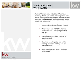 W H Y KELLER
W ILLIAMS
Keller Williams is not your traditional Real Estate
company. That is why it is not surprising that it is the
fastest growing real estate company in North America
and soon to be #1 globally. Our phenomenal growth
is only part of the story:
• Largest independent real estate franchise
• A network of over 100,000 real estate
consultants with a projected growth of
300,000
• 700+ offices in the US and Canada (50
Major Markets)
• Excellence in cutting-edge real estate
training, real estate coaching and real
estate education
• Most Innovative Real Estate Company –
Inman News
 