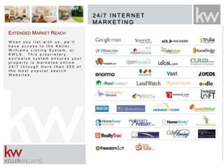 2 4 / 7 I N T E R N E T
M A R K E T I N G
W h e n y o u l i s t w i t h u s , w e ’ l l
h a v e a c c e s s t o t h e K e l l e r
W i l l i a m s L i s t i n g S y s t e m , o r
K W L S . T h i s p r o p r i e t a r y ,
e x c l u s i v e s y s t e m e n s u r e s y o u r
p r o p e r t y i s m a r k e t e d o n l i n e
2 4 / 7 t h r o u g h m o r e t h a n 3 5 0 o f
t h e m o s t p o p u l a r s e a r c h
W e b s i t e s .
EXTENDED MARKET REACH
 