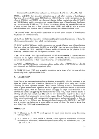 International Journal of Artificial Intelligence and Applications (IJAIA), Vol.11, No.3, May 2020
25
RPS6KA1 and IL1R1 have a positive correlation and a weak effect on some of them because
they have a low correlation value. RPS6KA1 and CDC25B have a positive correlation and the
effect of RPS6KA1 on CDC25B more because it has the highest correlation's value. RPS6KA1
and NFKB1 have a positive correlation and a weak effect on some of them because they have a
low correlation value. IL1R1 and CDC25B have a positive correlation and a weak effect on some
of them because they have a low correlation value. IL1R1 and NFKB1 have a negative
correlation and a weak effect on some of them because they have a low correlation value.
CDC25B and NFKB1 have a positive correlation and a weak effect on some of them because
they have a low correlation value.
G6: IL1A and BDNF have a positive correlation and have the same effect on some of them, this
effect is strong because they have a high correlation value.
G7: DUSP1 and FGFR4 have a positive correlation and a weak effect on some of them because
they have a low correlation value. DUSP1 and MAPK3K3 have the same correlation between
DUSP1 and FGFR4. DUSP1 and MKNK2 have a positive correlation and the effect of DUSP1
on MKNK2 more because it has the highest correlation's value.
FGFR4 and MAPK3K3 have a positive correlation and the effect of MAPK3K3 on FGFR4 more
because it has the highest correlation's value. FGFR4 and MKNK2 have a positive correlation
and a weak effect on some of them because they have a low correlation value.
MAPK3K3 and MKNK2 have a positive correlation and the effect of MAPK3K3 on MKNK2
more because it has the highest correlation's value.
G8: MAPK3K13 and FGF7 have a positive correlation and a strong effect on some of them
because they have a high correlation value.
5. CONCLUSION
Breast Cancer is a complex disease and early detection is essential for effective treatment. In our
paper we present the gene expression correlations in graphical model using the K-means
clustering and linear regression methods. The K-means clustering is used to find out the best
subset of genes then the linear regression method is applied to predict the amount of association
between those genes. With this approach, doctors can apply the target cancer treatment to the
infected area instead of applying the treatment to the whole body, which normally results in
effecting all cells even normal once. The work we have done in this project was based on 30
cancer samples. Our future goal is work with the biggest dataset. Another possible direction for
future work is concerned with a comparison between cancer and normal samples to find out
which gene works in a different way. For example, based on our results, MAPK3K13 and FGF7
have a positive correlation and a strong effect on some of them. We want to know how
MAPK3K13 and FGF7 work in normal samples.
REFERENCES
[1] V. Chaurasia and S. Pal, "A novel approach for breast cancer detection using data mining
techniques," 2017.
[2] M. A. Hasan, M. K. Hasan, and M. A. Mottalib, "Linear regression–based feature selection for
microarray data classification," International journal of data mining and bioinformatics, vol. 11, no.
2, pp. 167-179, 2015.
 