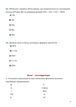 27
23. Обчисліть і вкажіть об”єм кисню, що витрачається на спалювання
метану об”ємом 40л за рівняння реакції: СН4 + 2О2 = СО2 + 2Н2О
а) 10л
б) 40л
в) 20л
г) 80л
д) 60л
24. Вкажіть масу 0,5моль речовини, формула якої Zn3N2 :
а) 395г
б) 1115г
в) 223г
г) 111,5г
д) 220г
Вчені - конструктори
1. Установіть відповідність між символами фізичних величин і
одиницями вимірювання:
М %
m г/моль
ν моль
Vm м
p кг
 