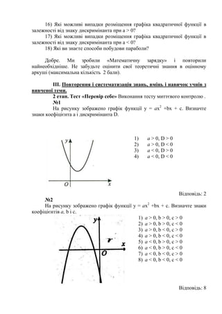 16) Які можливі випадки розміщення графіка квадратичної функції в
залежності від знаку дискримінанта при а > 0?
17) Які можливі випадки розміщення графіка квадратичної функції в
залежності від знаку дискримінанта при а < 0?
18) Які ви знаєте способи побудови параболи?
Добре. Ми зробили «Математичну зарядку» і повторили
найнеобхідніше. Не забудьте оцінити свої теоретичні знання в оцінному
аркуші (максимальна кількість 2 бали).
III. Повторення і систематизація знань, вмінь і навичок учнів з
вивченої теми.
2 етап. Тест «Перевір себе» Виконання тесту миттєвого контролю .
№1
На рисунку зображено графік функції у = ах2 +bх + c. Визначте
знаки коефіцієнта a і дискримінанта D.

1)
2)
3)
4)

a > 0, D > 0
a > 0, D < 0
a < 0, D > 0
a < 0, D < 0

Відповідь: 2
№2
На рисунку зображено графік функції у = ах2 +bх + c. Визначте знаки
коефіцієнтів а, b і c.
1) a > 0, b > 0, c > 0
2) a > 0, b > 0, c < 0
3) a > 0, b < 0, c > 0
4) a > 0, b < 0, c < 0
5) a < 0, b > 0, c > 0
6) a < 0, b > 0, c < 0
7) a < 0, b < 0, c > 0
8) a < 0, b < 0, c < 0

Відповідь: 8

 