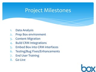 Project Milestones

1.
2.
3.
4.
5.
6.
7.
8.

Data Analysis
Prep Box environment
Content Migration
Build CRM Integrations
Embed Box into CRM interfaces
Testing/Bug Fixes/Enhancements
End User Training
Go Live

 