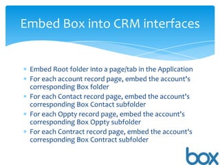 Embed Box into CRM interfaces

Embed Root folder into a page/tab in the Application
For each account record page, embed the account's
corresponding Box folder
For each Contact record page, embed the account's
corresponding Box Contact subfolder
For each Oppty record page, embed the account's
corresponding Box Oppty subfolder
For each Contract record page, embed the account's
corresponding Box Contract subfolder

 