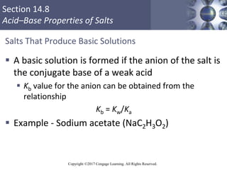 Section 14.8
Acid–Base Properties of Salts
Copyright ©2017 Cengage Learning. All Rights Reserved.
Salts That Produce Basic...