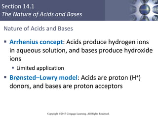 Section 14.1
The Nature of Acids and Bases
Copyright ©2017 Cengage Learning. All Rights Reserved.
Nature of Acids and Base...