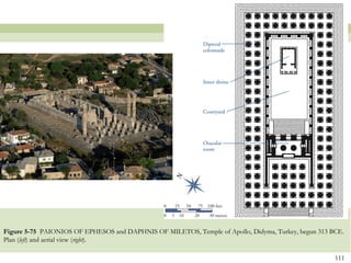 111
Figure 5-75 PAIONIOS OF EPHESOS and DAPHNIS OF MILETOS, Temple of Apollo, Didyma, Turkey, begun 313 BCE.
Plan (left) and aerial view (right).
 
