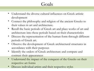3
Goals
• Understand the diverse cultural influences on Greek artistic
development
• Connect the philosophy and religion of the ancient Greeks to
their values in art and architecture.
• Recall the basic periods of Greek art and place works of art and
architecture into these periods based on their characteristics
• Discuss the representation of the human form through different
periods of Greek art.
• Observe the development of Greek architectural structures in
accordance with their purposes
• Identify the orders of Greek architecture and compare and
contrast their appearances
• Understand the impact of the conquest of the Greeks on their
respective art forms
• Discuss individual artists and their respective styles
 
