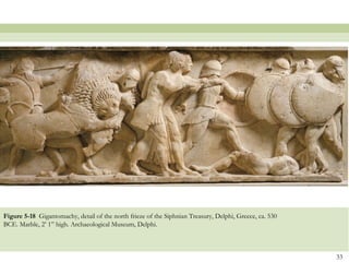 33
Figure 5-18 Gigantomachy, detail of the north frieze of the Siphnian Treasury, Delphi, Greece, ca. 530
BCE. Marble, 2’ 1” high. Archaeological Museum, Delphi.
 