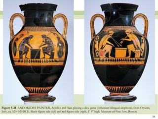 38
Figure 5-21 ANDOKIDES PAINTER, Achilles and Ajax playing a dice game (Athenian bilingual amphora), from Orvieto,
Italy, ca. 525–520 BCE. Black-figure side (left) and red-figure side (right). 1’ 9” high. Museum of Fine Arts, Boston.
 