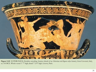 39
Figure 5-22 EUPHRONIOS, Herakles wrestling Antaios (detail of an Athenian red-figure calyx krater), from Cerveteri, Italy,
ca. 510 BCE. Whole vessel 1’ 7” high; detail 7 3/4” high. Louvre, Paris.
 