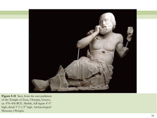 56
Figure 5-31 Seer, from the east pediment
of the Temple of Zeus, Olympia, Greece,
ca. 470–456 BCE. Marble, full ﬁgure 4’ 6”
high; detail 3’ 2 1/2” high. Archaeological
Museum, Olympia.
 
