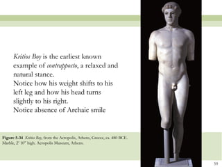 59
Figure 5-34 Kritios Boy, from the Acropolis, Athens, Greece, ca. 480 BCE.
Marble, 2’ 10” high. Acropolis Museum, Athens.
Kritios Boy is the earliest known
example of contrapposto, a relaxed and
natural stance.
Notice how his weight shifts to his
left leg and how his head turns
slightly to his right.
Notice absence of Archaic smile
 