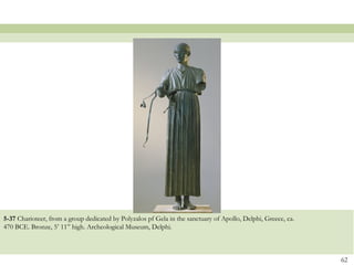 5-37 Charioteer, from a group dedicated by Polyzalos pf Gela in the sanctuary of Apollo, Delphi, Greece, ca.
470 BCE. Bronze, 5’ 11” high. Archeological Museum, Delphi.
62
 