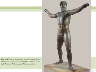63
Fig. 5-38 Zeus (or Poseidon?), from the sea off Cape
Artemision, Greece, ca. 460–450 BCE. Bronze, 6’ 10”
high. National Archaeological Museum, Athens.
 