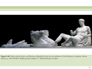 74
Figure 5-48 Helios and his horses, and Dionysos (Herakles?), from the east pediment of the Parthenon, Acropolis, Athens,
Greece, ca. 438–432 BCE. Marble, greatest height 4’ 3”. British Museum, London.
 