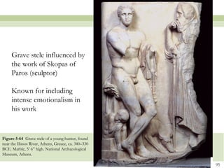 95
Figure 5-64 Grave stele of a young hunter, found
near the Ilissos River, Athens, Greece, ca. 340–330
BCE. Marble, 5’ 6” high. National Archaeological
Museum, Athens.
Grave stele influenced by
the work of Skopas of
Paros (sculptor)
Known for including
intense emotionalism in
his work
 