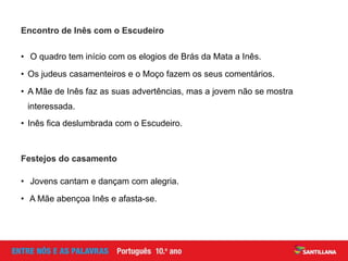 Encontro de Inês com o Escudeiro
• O quadro tem início com os elogios de Brás da Mata a Inês.
• Os judeus casamenteiros e o Moço fazem os seus comentários.
• A Mãe de Inês faz as suas advertências, mas a jovem não se mostra
interessada.
• Inês fica deslumbrada com o Escudeiro.
Festejos do casamento
• Jovens cantam e dançam com alegria.
• A Mãe abençoa Inês e afasta-se.
 
