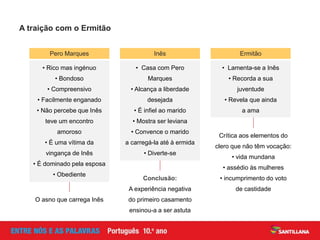 Crítica aos elementos do
clero que não têm vocação:
• vida mundana
• assédio às mulheres
• incumprimento do voto
de castidade
Conclusão:
A experiência negativa
do primeiro casamento
ensinou-a a ser astuta
O asno que carrega Inês
A traição com o Ermitão
Pero Marques
• Rico mas ingénuo
• Bondoso
• Compreensivo
• Facilmente enganado
• Não percebe que Inês
teve um encontro
amoroso
• É uma vítima da
vingança de Inês
• É dominado pela esposa
• Obediente
• Casa com Pero
Marques
• Alcança a liberdade
desejada
• É infiel ao marido
• Mostra ser leviana
• Convence o marido
a carregá-la até à ermida
• Diverte-se
Ermitão
• Lamenta-se a Inês
• Recorda a sua
juventude
• Revela que ainda
a ama
Inês
 