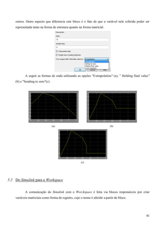41
outros. Outro aspecto que diferencia este bloco é o fato de que a variável nele referida poder ser
representada tanto na forma de estrutura quanto na forma matricial.
A seguir as formas de onda utilizando as opções "Extrapolation" (a), ” Holding final value"
(b) e "Sending to zero"(c).
(a) (b)
(c)
5.2 Do Simulink para o Workspace
A comunicação do Simulink com o Worckspace é feita via blocos responsáveis por criar
variáveis matriciais como forma de registro, cujo o nome é aferido a partir do bloco.
 