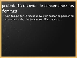 probablité de avoir le cancer chez les femmes  Une femme sur 15 risque d'avoir un cancer du poumon au cours de sa vie. Une femme sur 17 en mourra.  