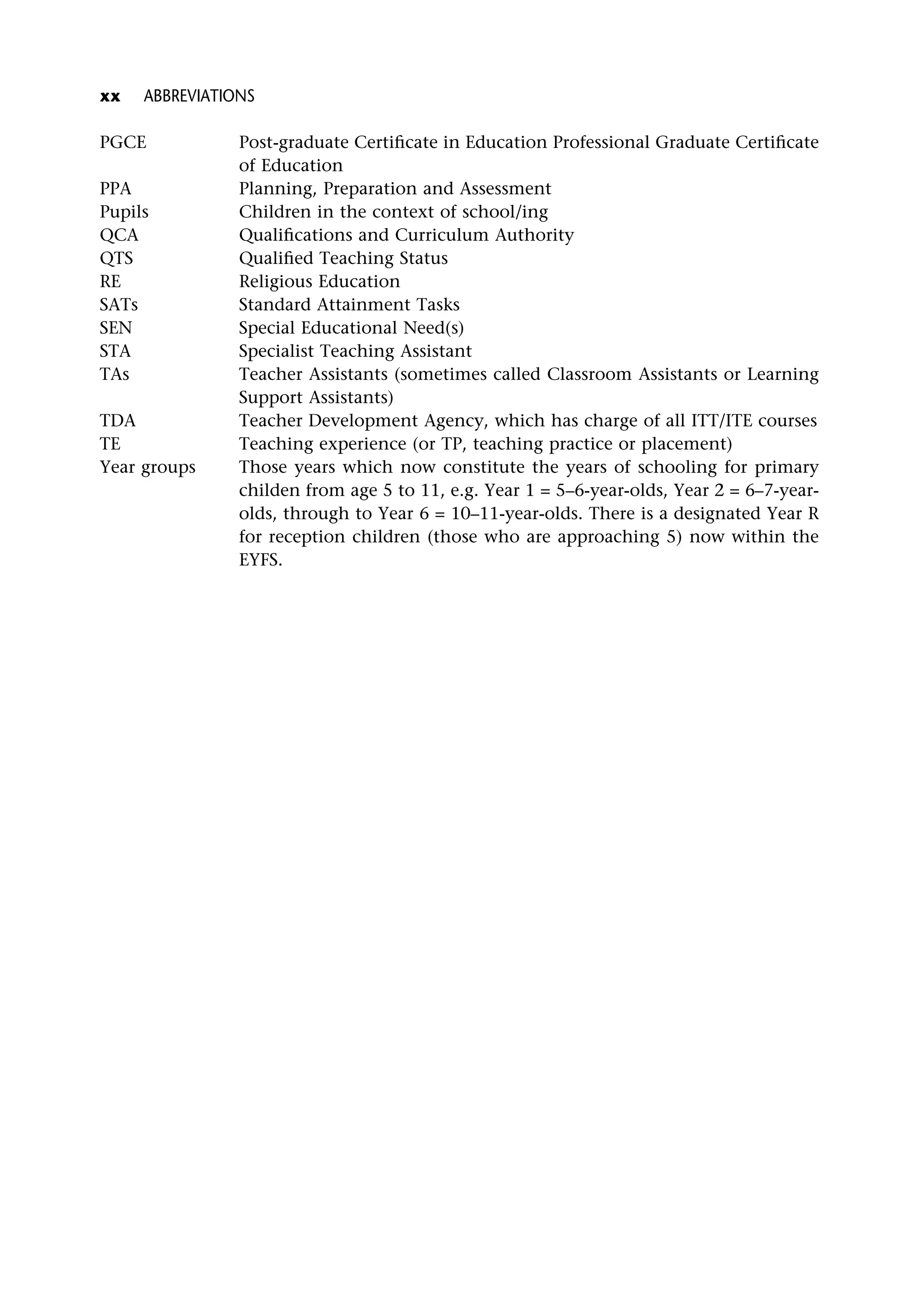 PGCE Post-graduate Certificate in Education Professional Graduate Certificate
of Education
PPA Planning, Preparation and Assessment
Pupils Children in the context of school/ing
QCA Qualifications and Curriculum Authority
QTS Qualified Teaching Status
RE Religious Education
SATs Standard Attainment Tasks
SEN Special Educational Need(s)
STA Specialist Teaching Assistant
TAs Teacher Assistants (sometimes called Classroom Assistants or Learning
Support Assistants)
TDA Teacher Development Agency, which has charge of all ITT/ITE courses
TE Teaching experience (or TP, teaching practice or placement)
Year groups Those years which now constitute the years of schooling for primary
childen from age 5 to 11, e.g. Year 1 = 5–6-year-olds, Year 2 = 6–7-year-
olds, through to Year 6 = 10–11-year-olds. There is a designated Year R
for reception children (those who are approaching 5) now within the
EYFS.
xx ABBREVIATIONS
 