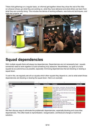 Tribes hold gatherings on a regular basis, an informal get-together where they show the rest of the tribe
(or whoever shows up) what they are working on, what they have delivered and what others can learn from
what they are currently doing. This includes live demos of working software, new tools and techniques, cool
hack-day projects, etc.




Squad dependencies
With multiple squads there will always be dependencies. Dependencies are not necessarily bad - squads
sometimes need to work together to build something truly awesome. Nevertheless, our goal is to have
squads be as autonomous as possible, especially minimizing dependencies that are blocking or slowing a
squad down.

To aid in this, we regularly ask all our squads which other squads they depend on, and to what extent those
dependencies are blocking or slowing the squad down. Here’s an example:




We then discuss ways to eliminate the problematic dependencies, especially blocking and cross-tribe
dependencies. This often leads to reprioritization, reorganization, architectural changes or technical
solutions.




                                                     6/14
 