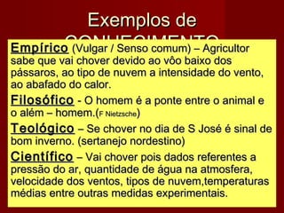 Exemplos de
        CONHECIMENTO
Empírico (Vulgar / Senso comum) – Agricultor
sabe que vai chover devido ao vôo baixo dos
pássaros, ao tipo de nuvem a intensidade do vento,
ao abafado do calor.
Filosófico - O homem é a ponte entre o animal e
o além – homem.(F Nietzsche)
Teológico – Se chover no dia de S José é sinal de
bom inverno. (sertanejo nordestino)
Científico – Vai chover pois dados referentes a
pressão do ar, quantidade de água na atmosfera,
velocidade dos ventos, tipos de nuvem,temperaturas
médias entre outras medidas experimentais.
                                                5
 
