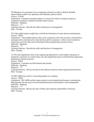 7
Copyright © 2015 Pearson Education, Inc.
29) Managers of a restaurant eat at a competing restaurant in order to identify desirable
improvements in their own operations; this illustrates quality control.
Answer: FALSE
Explanation: Competitive product analysis is a process by which a company analyzes a
competitor's products to identify desirable improvements.
Difficulty: Moderate
Objective: 7.7
Learning Outcome: Describe the skills and functions of management.
Skill: Concept
30) Value-added analysis might focus on both the elimination of waste and cost minimization.
Answer: TRUE
Explanation: Value-added analysis refers to the evaluation of all work activities, material flows,
and paperwork to determine the value that they add for customers; it often reveals wasteful or
unnecessary activities that can be eliminated without jeopardizing customer service.
Difficulty: Moderate
Objective: 7.7
Learning Outcome: Describe the skills and functions of management.
Skill: Concept
31) The sales department relies on the engineering department to send samples and quotes to
prospective customers on a timely basis; the sales department may be considered the engineering
department's internal customer.
Answer: TRUE
Explanation: Customers are both internal and external.
Difficulty: Moderate
Objective: 7.7
Learning Outcome: Discuss the factors that influence decisions about organizational structure.
Skill: Concept
32) ISO 14000 may result in a recycling program at a company.
Answer: TRUE
Explanation: ISO 14000 certifies improvements in environmental performance, extending the
ISO approach into the arena of environmental protection and hazardous waste management.
Difficulty: Moderate
Objective: 7.7
Learning Outcome: Discuss the roles of ethics and corporate responsibility in business.
Skill: Concept
 