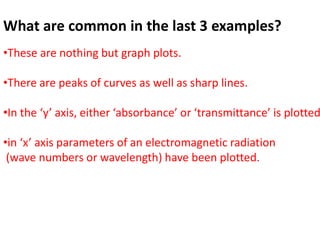 What are common in the last 3 examples?
•These are nothing but graph plots.
•There are peaks of curves as well as sharp lines.
•In the ‘y’ axis, either ‘absorbance’ or ‘transmittance’ is plotted
•in ‘x’ axis parameters of an electromagnetic radiation
(wave numbers or wavelength) have been plotted.
 