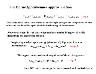 The Born-Oppenheimer approximation
Etotal = Eelectronic + Evibration + Erotation + Enuclear spin
Electronic, vibrational, rotational and nuclear spin energies are independent of each
other and can be added up to yield the total energy of the molecule.
Above statement is true only when nuclear motion is neglected while
describing the electronic motion
Neglecting nuclear spin energy (since small) Equation 1 can be
re-written as Δεtotal = Δεelec + Δεvib + Δεrot cm-1 …eq. 2
The approximate orders of magnitude of these changes are:
Δεelec = Δεvib × 103 = Δεrot × 106 …eq. 3
[Δ = difference in energy between ground and excited states]
 