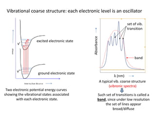 Vibrational coarse structure: each electronic level is an oscillator
Two electronic potential energy curves
showing the vibrational states associated
with each electronic state.
ground electronic state
excited electronic state
ν’’
ν’
Absorbance
λ (nm)
band
set of vib.
transition
A typical vib. coarse structure
(vibronic spectra)
Such set of transitions is called a
band, since under low resolution
the set of lines appear
broad/diffuse
 