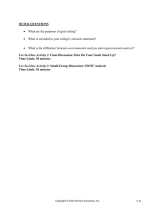 Copyright © 2017 Pearson Education, Inc. 5-11
QUICK QUESTIONS
 What are the purposes of goal setting?
 What is included in your college’s mission statement?
 What is the difference between environmental analysis and organizational analysis?
Use In-Class Activity 2: Class Discussion: How Do Your Goals Stack Up?
Time Limit: 30 minutes
Use In-Class Activity 3: Small-Group Discussion: SWOT Analysis
Time Limit: 30 minutes
 