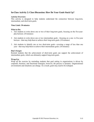 Copyright © 2017 Pearson Education, Inc. 5-15
In-Class Activity 2: Class Discussion: How Do Your Goals Stack Up?
Activity Overview:
This activity is designed to help students understand the connection between long-term,
intermediate, and short-term goals.
Time Limit: 30 minutes
What to Do:
1. Ask students to write down one or two of their long-term goals, focusing on the five-year-
plus horizon. (10 minutes)
2. Ask students to write down one or two intermediate goals—focusing on a one- to five-year
horizon—that may help them to achieve their long-term goals. (10 minutes)
3. Ask students to identify one or two short-term goals—covering a range of less than one
year—that may help them to achieve their intermediate goals. (10 minutes)
Don’t Forget:
Remind students that the achievement of short-term goals can support the achievement of
intermediate goals, which can ultimately support long-term goals.
Wrap-Up:
Wrap up the exercise by reminding students that goal setting in organizations is driven by
corporate, business, and functional strategies; however, the process is dynamic. Organizational
environments and situations can change. As a result, goals may need to be reshaped.
 