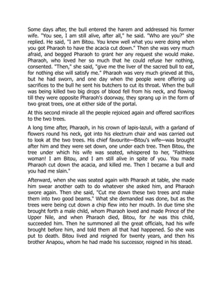 Some days after, the bull entered the harem and addressed his former
wife. "You see, I am still alive, after all," he said. "Who are you?" she
replied. He said, "I am Bitou. You knew well what you were doing when
you got Pharaoh to have the acacia cut down." Then she was very much
afraid, and begged Pharaoh to grant her any request she would make.
Pharaoh, who loved her so much that he could refuse her nothing,
consented. "Then," she said, "give me the liver of the sacred bull to eat,
for nothing else will satisfy me." Pharaoh was very much grieved at this,
but he had sworn, and one day when the people were offering up
sacrifices to the bull he sent his butchers to cut its throat. When the bull
was being killed two big drops of blood fell from his neck, and flowing
till they were opposite Pharaoh's doorway, they sprang up in the form of
two great trees, one at either side of the portal.
At this second miracle all the people rejoiced again and offered sacrifices
to the two trees.
A long time after, Pharaoh, in his crown of lapis-lazuli, with a garland of
flowers round his neck, got into his electrum chair and was carried out
to look at the two trees. His chief favourite—Bitou's wife—was brought
after him and they were set down, one under each tree. Then Bitou, the
tree under which his wife was seated, whispered to her, "Faithless
woman! I am Bitou, and I am still alive in spite of you. You made
Pharaoh cut down the acacia, and killed me. Then I became a bull and
you had me slain."
Afterward, when she was seated again with Pharaoh at table, she made
him swear another oath to do whatever she asked him, and Pharaoh
swore again. Then she said, "Cut me down these two trees and make
them into two good beams." What she demanded was done, but as the
trees were being cut down a chip flew into her mouth. In due time she
brought forth a male child, whom Pharaoh loved and made Prince of the
Upper Nile, and when Pharaoh died, Bitou, for he was this child,
succeeded him. Then he summoned all the great officials, had his wife
brought before him, and told them all that had happened. So she was
put to death. Bitou lived and reigned for twenty years, and then his
brother Anapou, whom he had made his successor, reigned in his stead.
 