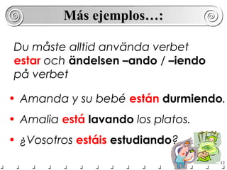 Más ejemplos…:

Du måste alltid använda verbet
estar och ändelsen –ando / –iendo
på verbet

• Amanda y su bebé están durmiendo.
• Amalia está lavando los platos.
• ¿Vosotros estáis estudiando?
                                    12
 