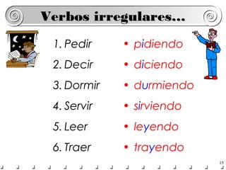 Verbos irregulares…
 1. Pedir    • pidiendo
 2. Decir    • diciendo
 3. Dormir   • durmiendo
 4. Servir   • sirviendo
 5. Leer     • leyendo
 6. Traer    • trayendo
                           15
 