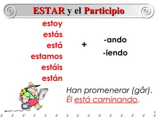 ESTAR y el Participio
   estoy
   estás
                     -ando
    está       +
estamos             -iendo
   estáis
   están
            Han promenerar (går).
            Él está caminando.
                                    6
 