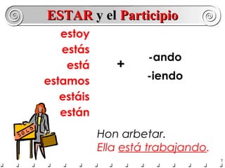 ESTAR y el Participio
   estoy
   estás
                     -ando
    está       +
estamos              -iendo
   estáis
   están
            Hon arbetar.
            Ella está trabajando.
                                    7
 