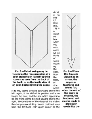 Fig. 8.—This drawing may be
viewed as the representation of a
book standing on its half-opened
covers as seen from the back of
the book; or as the inside view of
an open book showing the pages.
Fig. 9.—When
this figure is
viewed as an
arrow, the
upper or
feathered end
seems flat;
when the rest of
the arrow is
covered, the
feathered end
may be made to
project or
recede like the
decid
e to
see
it?
Here
(Fig.
13) is
a
skelet
on
box
which
you
may
conce
ive as
made
of
wires
outlini
ng
the
sides.
Now
the
front,
or
side
neare
st to me, seems directed downward and to the
left; again, it has shifted its position and is no
longer the front, and the side which appears to
be the front seems directed upward and to the
right. The presence of the diagonal line makes
the change more striking: in one position it runs
from the left-hand rear upper corner to the
 