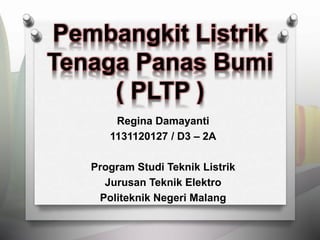 Pembangkit Listrik
Tenaga Panas Bumi
( PLTP )
Regina Damayanti
1131120127 / D3 – 2A
Program Studi Teknik Listrik
Jurusan Teknik Elektro
Politeknik Negeri Malang
 
