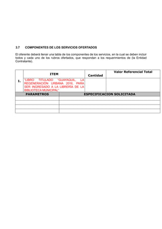3.7 COMPONENTES DE LOS SERVICIOS OFERTADOS
El oferente deberá llenar una tabla de los componentes de los servicios, en la cual se deben incluir
todos y cada uno de los rubros ofertados, que respondan a los requerimientos de (la Entidad
Contratante).
1.
ITEM Cantidad
Valor Referencial Total
“LIBRO TITULADO “GUAYAQUIL, LA
REGENERACIÓN URBANA 2016, PARA
SER INGRESADO A LA LIBRERÍA DE LA
BIBLIOTECA MUNICIPAL”
PARAMETROS ESPECIFICACION SOLICITADA
 