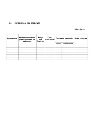 3.8 EXPERIENCIA DEL OFERENTE
Hoja.... de .....
Contratante Objeto del contrato
(descripción de los
servicios)
Monto
del
Contrato
Plazo
contractual
Fechas de ejecución Observaciones
Inicio Terminación
 