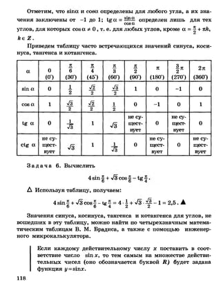 Отметим, что вша и сова определены для любого угла, а их зна­
чения заключены от - 1 до 1 ; 1е а = -~п— определен лишь для тех
сова
углов, для которых сова ф 0 , т. е. для любых углов, кроме а = ^ + тс/е,
ке 2 .
Приведем таблицу часто встречающихся значений синуса, коси­
нуса, тангенса и котангенса.
а 0
(0°)
п
6
(30°)
К
4
(45°)
п
3
(60°)
п
2
(90°)
тс
(180°)
Iя(270°)
2я
(360°)
вт а 0 1
2
Я
2
Я
2
1 0 - 1 0
сов а 1 Я
2
Я
2
1
2
0 - 1 0 1
а 0 1
Я
1
не су­
щест­
вует
0
не су­
щест­
вует
0
с*е а
не су­
щест­
вует
1 1
Я
0
не су­
щест­
вует
0
не су­
щест­
вует
З а д а ч а 6. Вычислить
4 в т § + л/3сов5 - т •О О 4
А Используя таблицу, получаем:
4 в т ^ + -/зсов|-*е5 = 4 - | + ,/з ^ - 1 = 2,5. А
Значения синуса, косинуса, тангенса и котангенса для углов, не
вошедших в эту таблицу, можно найти по четырехзначным матема­
тическим таблицам В. М. Брадиса, а также с помощью инженер­
ного микрокалькулятора.
Если каждому действительному числу х поставить в соот­
ветствие число в т х, то тем самым на множестве действи­
тельных чисел (оно обозначается буквой Я) будет задана
функция у=втле.
118
 