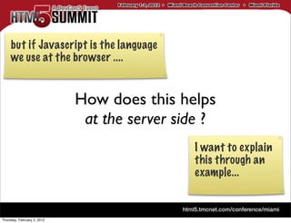 but if Javascript is the language
     we use at the browser ....


                             How does this helps
                              at the server side ?
                                              I want to explain
                                              this through an
                                              example...


Thursday, February 2, 2012
 