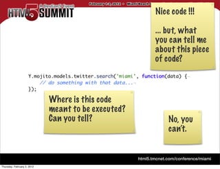Nice code !!!

                                                     ... but, what
                                                     you can tell me
                                                     about this piece
                                                     of code?



                             Where is this code
                             meant to be executed?
                             Can you tell?               No, you
                                                         can’t.



Thursday, February 2, 2012
 