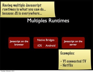 Having multiple Javascript
   runtimes is what you can do...
   because JS is everywhere...




                                    Examples:

                                    - Y! connected TV
                                    - Netflix
Thursday, February 2, 2012
 