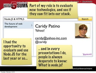 Part of my role is to evaluate
                             new technologies, and see if
                             they can fit into our stack.
      Node.JS & HTML5
      YUI
       The future of web
       development              Caridy Patino
                                Yahoo!

                                caridy@yahoo-inc.com
     I had the                  @caridy
     opportunity to
     evaluate and use              .. and in every
     Node.JS for the               presentations I do,
     last year or so...            people is always
                                   desperate to know:
                                   What is node.js?
Thursday, February 2, 2012
 