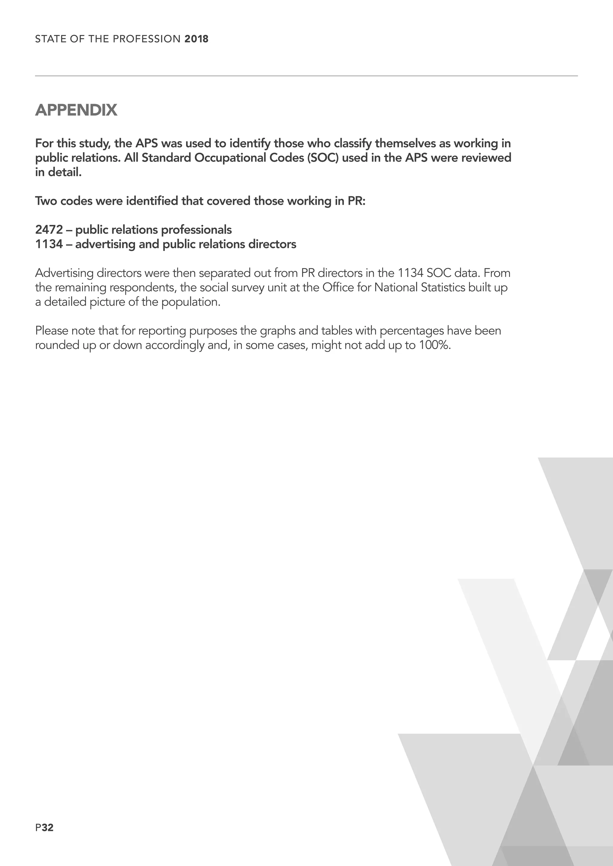 P32
STATE OF THE PROFESSION 2018
	
APPENDIX
For this study, the APS was used to identify those who classify themselves as working in
public relations. All Standard Occupational Codes (SOC) used in the APS were reviewed
in detail.
Two codes were identified that covered those working in PR:
2472 – public relations professionals
1134 – advertising and public relations directors
Advertising directors were then separated out from PR directors in the 1134 SOC data. From
the remaining respondents, the social survey unit at the Office for National Statistics built up
a detailed picture of the population.
Please note that for reporting purposes the graphs and tables with percentages have been
rounded up or down accordingly and, in some cases, might not add up to 100%.
 
