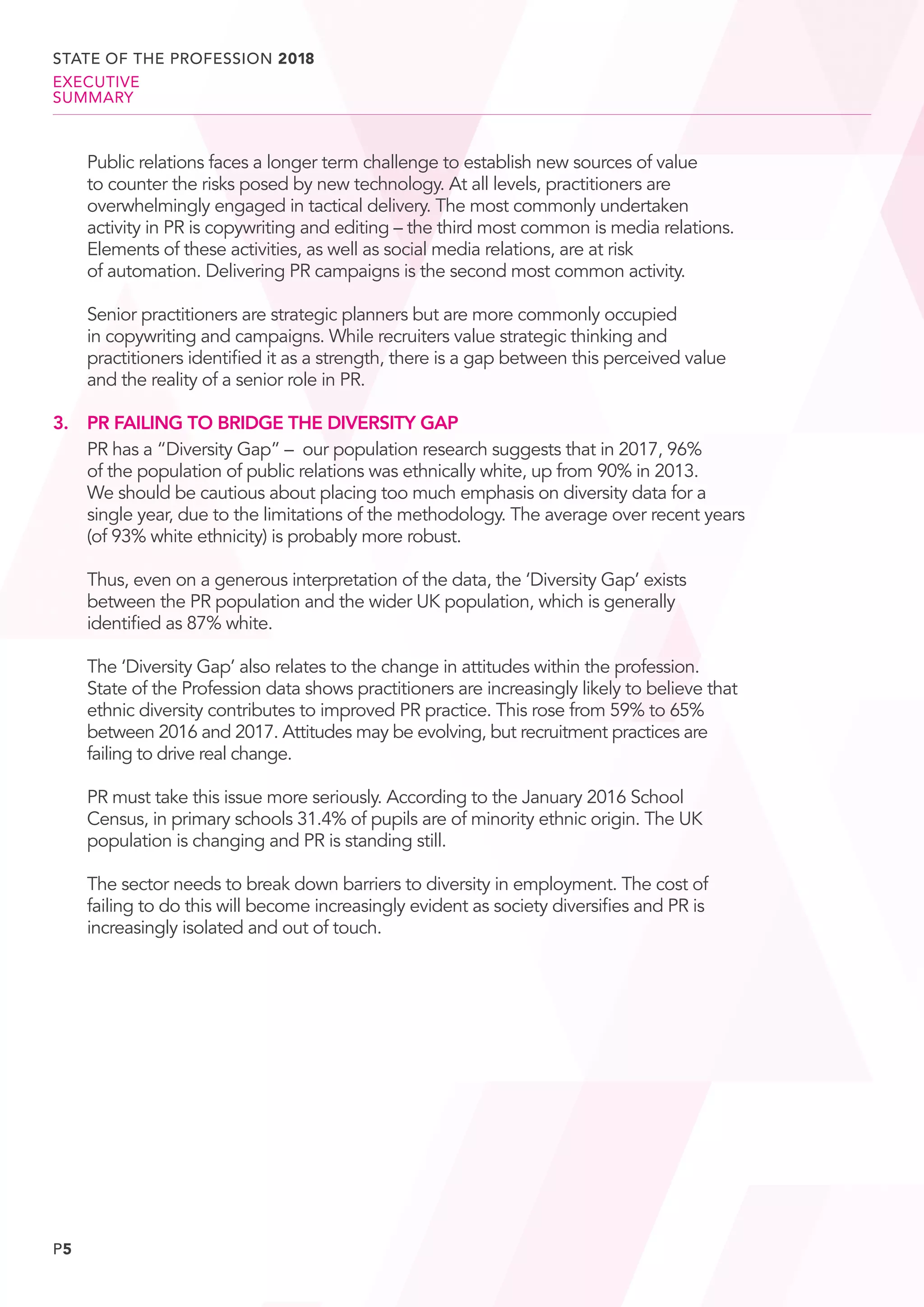 P5
		Public relations faces a longer term challenge to establish new sources of value
to counter the risks posed by new technology. At all levels, practitioners are
overwhelmingly engaged in tactical delivery. The most commonly undertaken
activity in PR is copywriting and editing – the third most common is media relations.
Elements of these activities, as well as social media relations, are at risk
of automation. Delivering PR campaigns is the second most common activity.
		Senior practitioners are strategic planners but are more commonly occupied
in copywriting and campaigns. While recruiters value strategic thinking and
practitioners identified it as a strength, there is a gap between this perceived value
and the reality of a senior role in PR.
3. 	 PR FAILING TO BRIDGE THE DIVERSITY GAP
		PR has a “Diversity Gap” – our population research suggests that in 2017, 96%
of the population of public relations was ethnically white, up from 90% in 2013.
We should be cautious about placing too much emphasis on diversity data for a
single year, due to the limitations of the methodology. The average over recent years
(of 93% white ethnicity) is probably more robust.
		Thus, even on a generous interpretation of the data, the ‘Diversity Gap’ exists
between the PR population and the wider UK population, which is generally
identified as 87% white.
		The ‘Diversity Gap’ also relates to the change in attitudes within the profession.
State of the Profession data shows practitioners are increasingly likely to believe that
ethnic diversity contributes to improved PR practice. This rose from 59% to 65%
between 2016 and 2017. Attitudes may be evolving, but recruitment practices are
failing to drive real change.
		PR must take this issue more seriously. According to the January 2016 School
Census, in primary schools 31.4% of pupils are of minority ethnic origin. The UK
population is changing and PR is standing still.
		The sector needs to break down barriers to diversity in employment. The cost of
failing to do this will become increasingly evident as society diversifies and PR is
increasingly isolated and out of touch.
STATE OF THE PROFESSION 2018
EXECUTIVE
SUMMARY
 